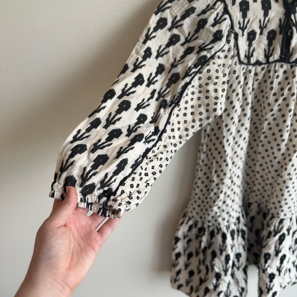 Zara Girls Long Sleeve Gauze Boho Floral Black and Beige Summer Short Dress - Picture 3 of 6